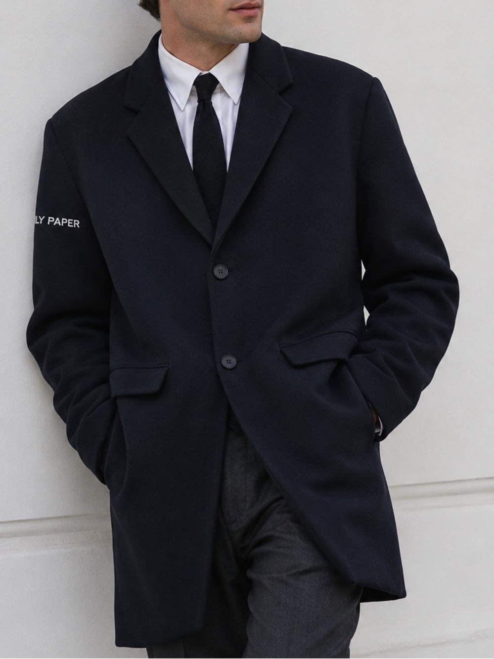 DAILY PAPER Navy Wool Overcoat Mens M Minimalist Classic Winter Coat